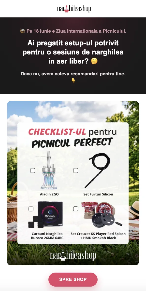 Narghileashop hírlevél: pikniki checklist email termékajánlókkal és egyértelmű vásárlási gombbal