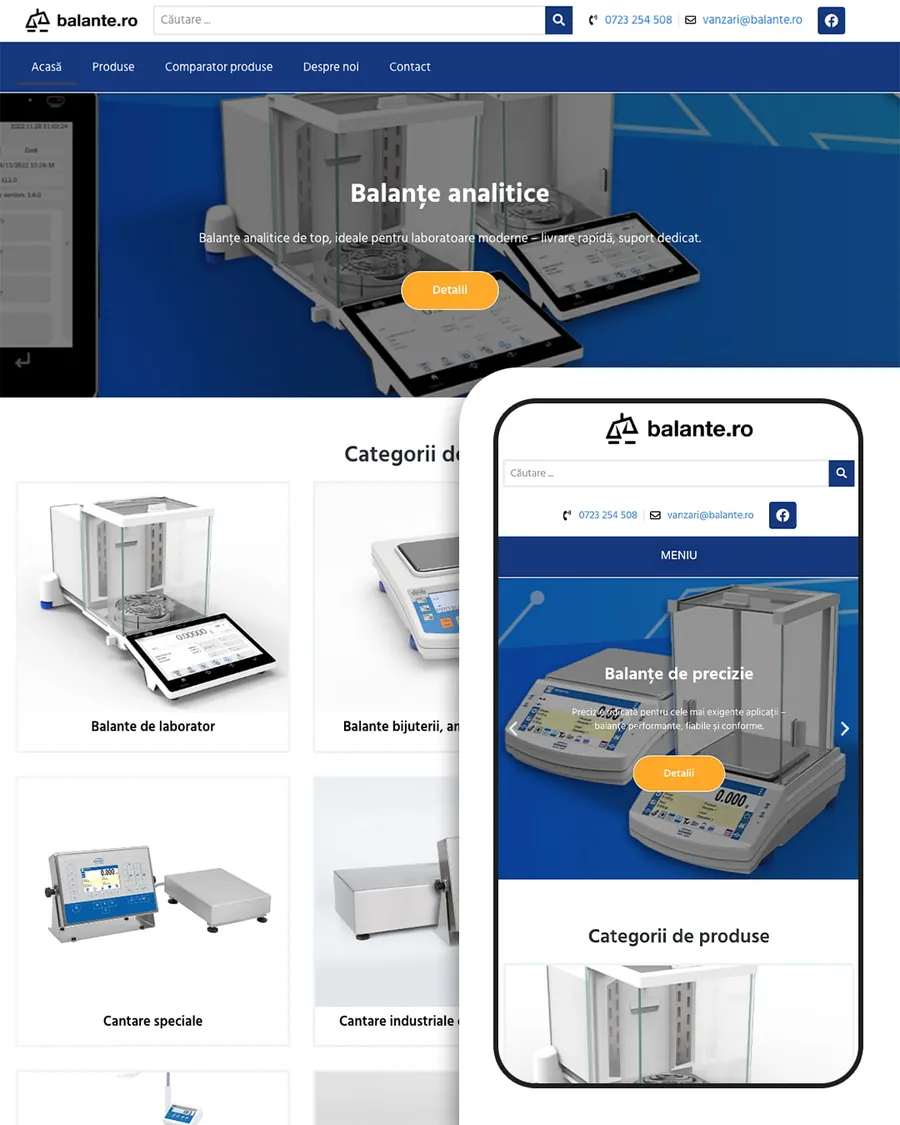 Balante.ro webshop, desktop és mobil nézet