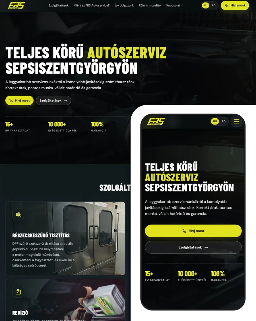 FRS Autoservice szolgáltatói weboldal, desktop és mobil nézet