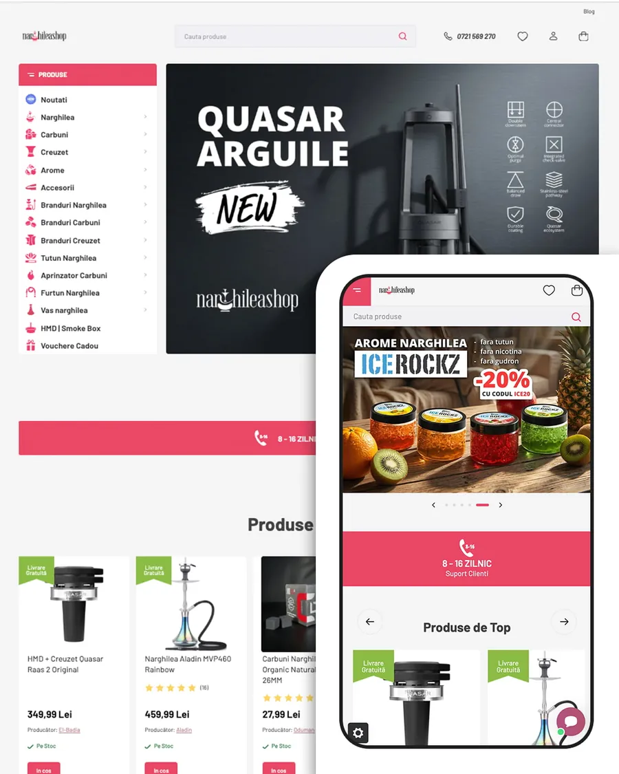 Narghileashop webshop, desktop és mobil nézet
