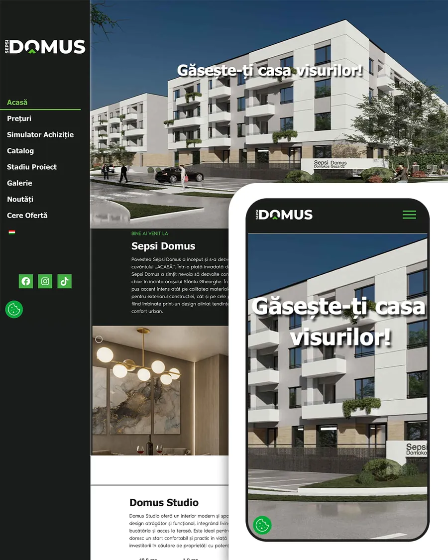 Sepsi Domus ingatlanprojekt weboldal, desktop és mobil nézet